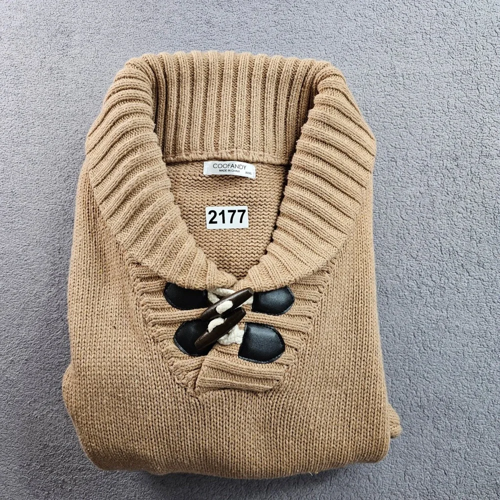COOFANDY Sweater Mens‎ 3XL Brown Knitted Relaxed Fit Shawl Collar Toggle Button